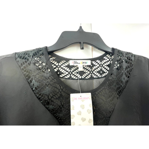 Miken Swim Suit Cover Up Sheer Black With Lace Inserts Size L NWT - Picture 2 of 3